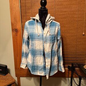 Womens Time and Tru Plaid Button Up Hooded Shacket Size Small